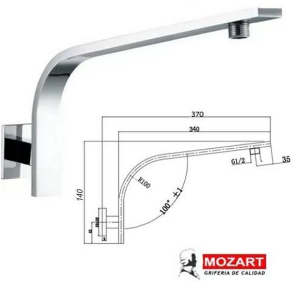 BRAZO P/LLUVIA RECTANG. 42 CM. CURVO ALTO C/ROSETA CUAD. AC.